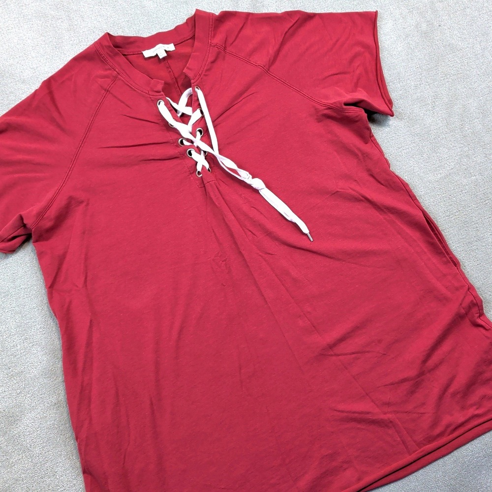 Umgee Womens 1XL Burgundy Lace Up V-Neck Tunic Top Short Sleeve Pockets Red